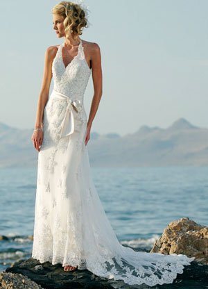 White Sheath Halter V-Neck Floor Length Sash Satin Lace Wedding Dress.jpg