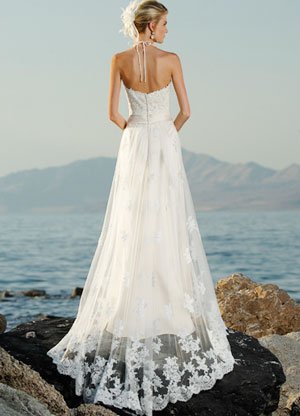 White Sheath Halter V-Neck Floor Length Sash Satin Lace Wedding Dress 01.jpg