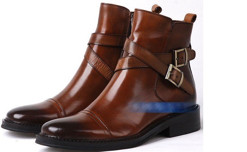 Genuine Leather Pointed Toe Zipper Ring Buckle Decoration Men's Snow Boots