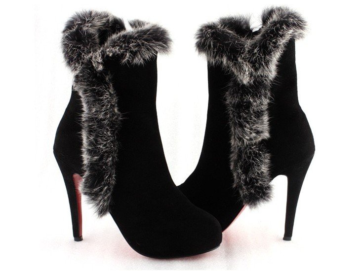 Fluffy Surface Rabbit Fur Black Thin and High Heels Sexy Women's Ankle Boots