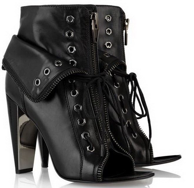 Lambskin Black Fish Mouth Revers Punk Women's Ankle Boots