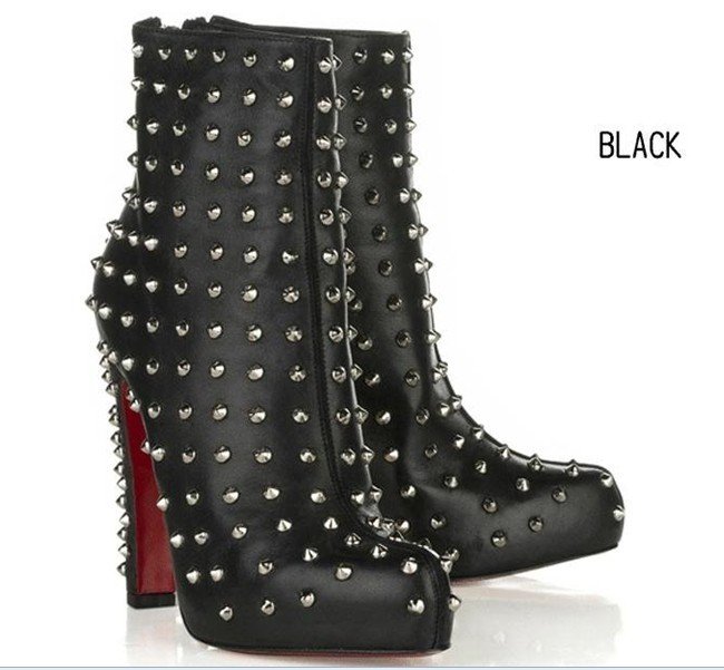 Genuine Leather Rivet Black High Heel Women's Ankle Boots