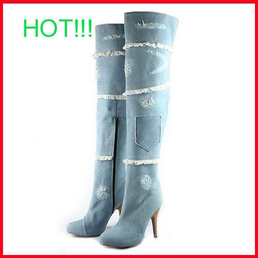 High Heels Jeans Blue Women's Knee High Boots