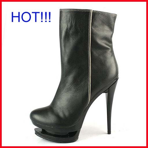 High Heels Leather Black Women's Knee High Boots