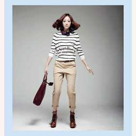 Cotton Long Sleeve Loose Design Horizontal Stripe Casual Ladies' Blouses & Tops