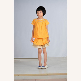 Short Sleeve Summer Orange Striped Girls Set With Lace