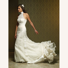 Organza High Neck Backless Zipper Embroidery Floor-length Wedding Dress