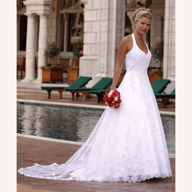 Matte Satin & Organza Sexy Halter Lace-up Sheath Embroidery Strap Floor-length Wedding Dresses