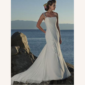 Satin Floor-length Sexy One Shoulder Lace-up Backless Tiered Draped Wedding Dress