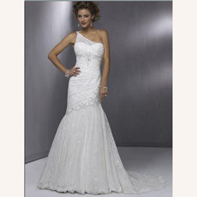 Glamorous & Dramatic One Shoulder Backless Zippe Sequined Organza Mermaid Wedding Dress
