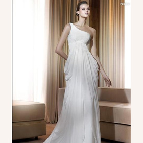 Chiffon One Shoulder Halter Draped Dropped Ankle-length High Waist Wedding Dress