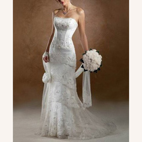 Satin Cotton Strapless Lace Emboridery Layered A-line Asymmetrical Wedding Dresses