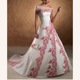 Satin Yarn Strapless Emboridery Red Lace Ball Gown Train Asymmetrical Wedding Dresses