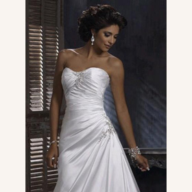 Satin Strapless Beaded Pleats Ruching Slim-line Elegant Asymmetrical Wedding Dresses