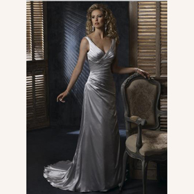 Sexy V Neck A Line Sheath Floor-Length Taffeta Cathedral Train Wedding Dresses