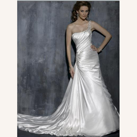 Taffeta Strapless Beaded Backless One Shoulder Floor-Length Cathedral Train Wedding Dresses