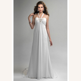 Chiffon Halter A-Line V-neck Embroidery Tea-Length Cathedral Train Wedding Dresses