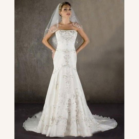 Gorgeous Embroidered Strapless Satin Designer Cathedral Train Wedding Dress