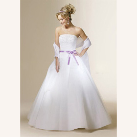 Strapless Beaded Ribbons Floor-length Chiffon Chapel Train Wedding Dresses