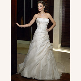 Embroidery Crystal Strapless Cascading Ruffle Floor-Length Chapel Train Wedding Dresses