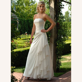 Strapless Beaded Cascading Ruffle Ankle-Length Chapel Train Wedding Dresses
