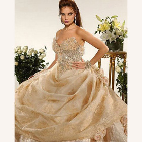 Champagne Beading Chapel Train Taffeta Strapless Wedding Dresses