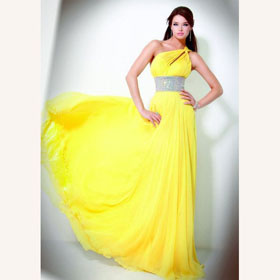 One Shoulder Crystal Sashes Yellow Ankle Length Court Train Wedding Dresses