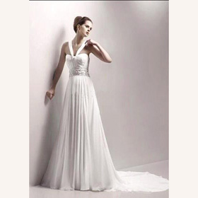 Polyester Chiffon Low Bosom Beading A-Line Floor Length Empire Wedding Dresses