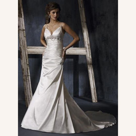 Silk Spaghetti Strap Emboridery Pleats Ruching Ankle-length Train Empire Wedding Dresse