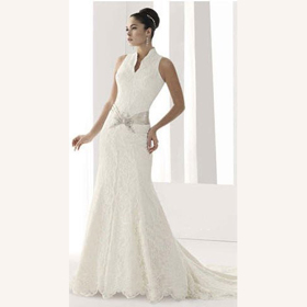 Luxury Taffeta High Neck Backless Floor-length Mermaid Wedding Dresses