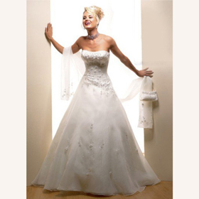 A-line Chapel Length White Organza Decorative Beads Sequins Strapless Plus Size Wedding Dresses