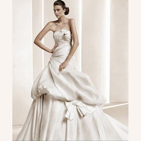 Fabric Cotton Strapless Bowknot Ball Gown Ankle-length Train Princess Wedding Dresses