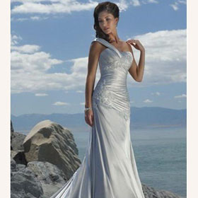 Floor-Length Sheath Sleeveless One Shoulder Embroidered Sweep Train Wedding Dresses