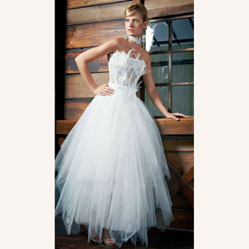 Strapless Feathers Embroidery Ankle-Length Lace Sweep Train Wedding Dresses
