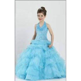 Blue Beaded Off-shoulder V Neck Girls' Dresses