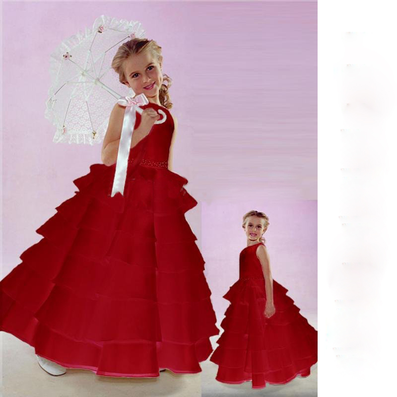 Red Sleeveness Full-length Layered Diamond Girls' Dresses