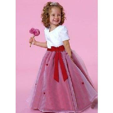 Short Sleeve Red Bowknot Belt Full-length Princess Double Girls' Dresses