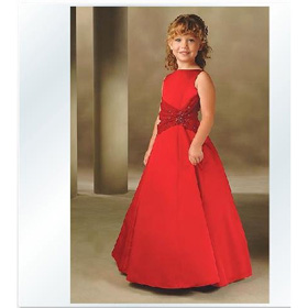 Red Ankle-length Beading Round-Neck Short Sleeve Flower Girl Dresses