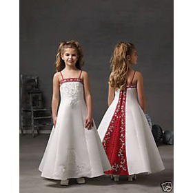 Flower Embroidery Beads Spaghetti Straps Satin Girl Dress