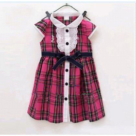 Girls England Plaid Short Sleeve Cotton Dress With Lace