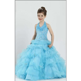 Blue Beading Ruffle Organza Halter Flower Girl Dresses