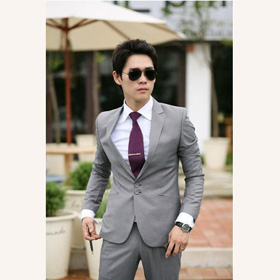 With Two Buttons Light Gray Cotton & Polyester Men's Suits