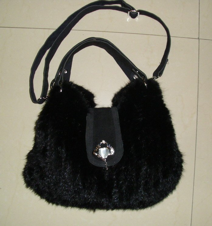 Black Fur & Cloth With Pearl Cross-Body Bags