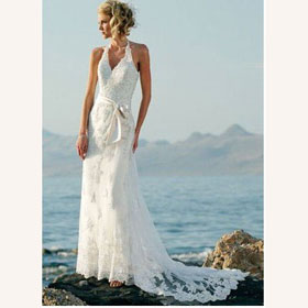 White Sheath Halter V-Neck Floor Length Sash Satin Lace Wedding Dress