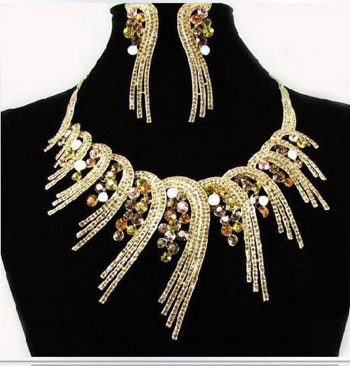 Golden Color Peacock Feather Wedding Jewelry Set