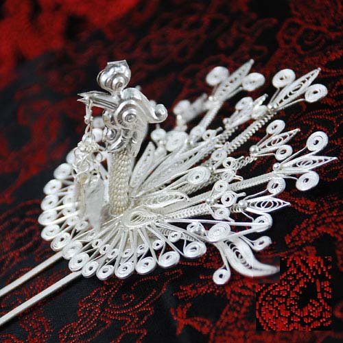 Peacock Style 999 Silver 100% Hand Carve Hair Pin Stick Jewelry