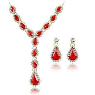 Red Crystal Plated Silver Necklace Earrings