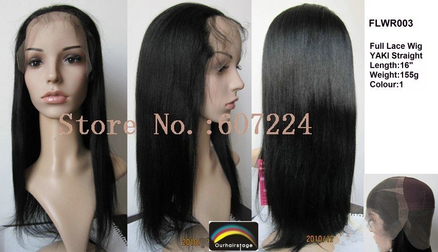 100% Indian Remy Hair Full Lace Wig 16" Yaki Straight 1# Free Shipping