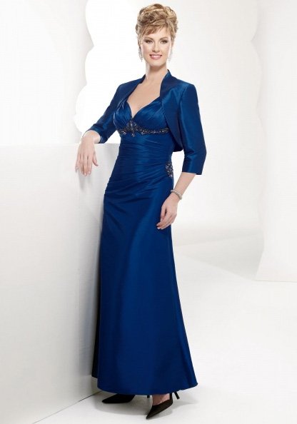 3 Quarter Length Sleeves Jacket V-neck Neckline Taffeta Floor-Length Mother of the Bride Dress
