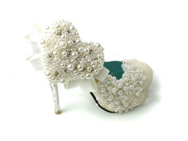 Heart Pearls Styles High Heel Handmade Flower Wedding Shoes
